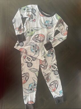 Disney Kids White Pajama Set with Multicolor Character Prints